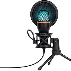 Microfone Condensador RGB, Microfone de Mesa, Microfone Gamer – Com Cancelamento de Ruído, Plug-and-Play, Controle de Volume e Eco, com Tripé, Shock Mount e Pop Filter – Ideal para Gravação, Podcast