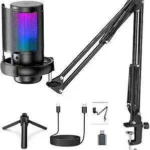 Microfone USB Gaming PC, Microfone RGB para PC/Notebook, Mic with Boom Arm, Microphone Condensador de mesa/Braço, Live, Podcast, Gravação de Audio, Karaoke, Gamer Youtuber DJ.