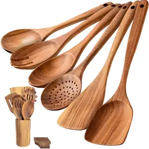 Conjunto de Colheres Culinárias em Madeira Maciça de Teca 6 Peças