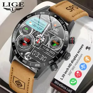 LIGE BW0408 Relógio inteligente masculino de couro marrom com atendimento e realização de chamadas, monitor de atividades...