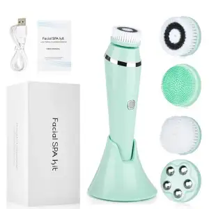 Escova de Limpeza Facial Portátil Mini de Silicone 4 em 1 para Spa, Massagem e Limpeza Elétrica Rotativa