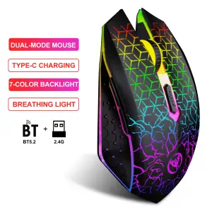 Mouse Gamer Ergonômico Sem Fio 3D Dual HXSJ T34 6D com Iluminação RGB, Botão Silencioso e Bateria Recarregável de 500mAh para...